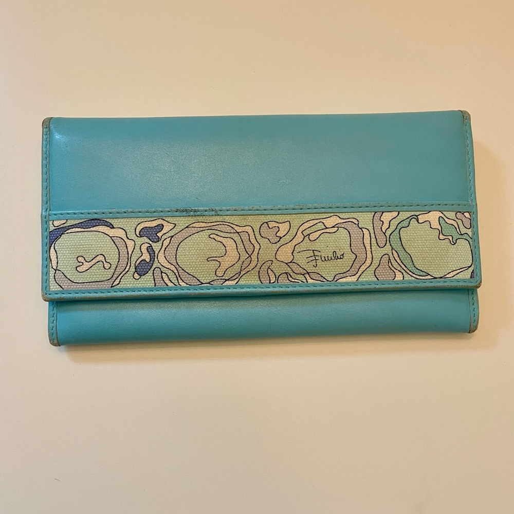 Emilio Pucci wallet. Beautiful light blue with fabric strip.